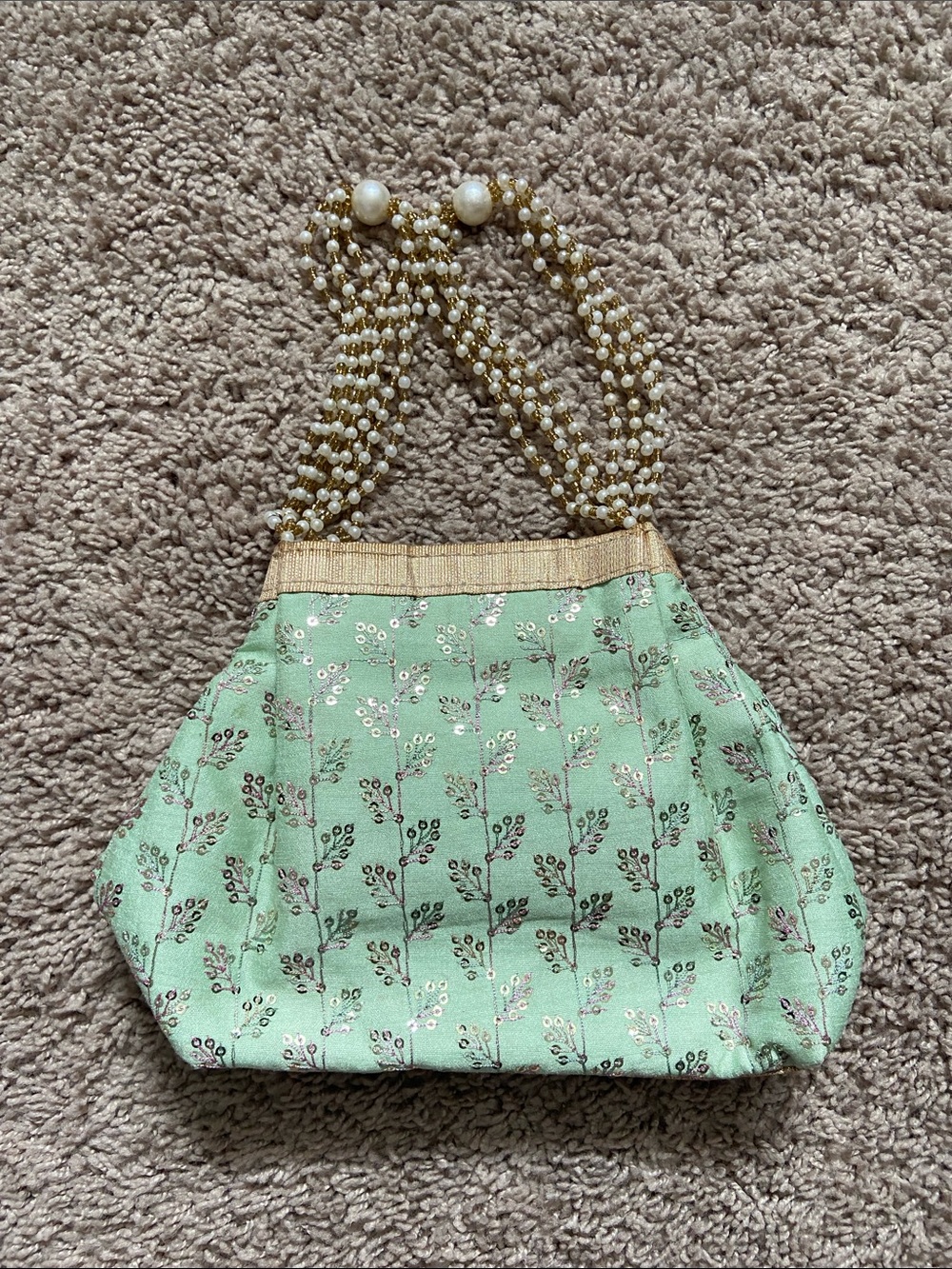Mint Green Faux Pearl Beaded Handle Evening Pouch Bag with Gold Accents